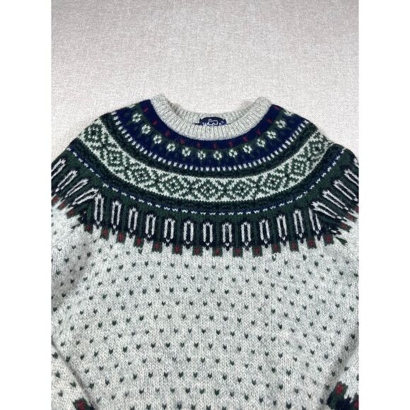 Vintage Woolrich Men’s L Gray Blue Striped Nordic Fair Isle High Neck Pullover - Picture 7 of 8